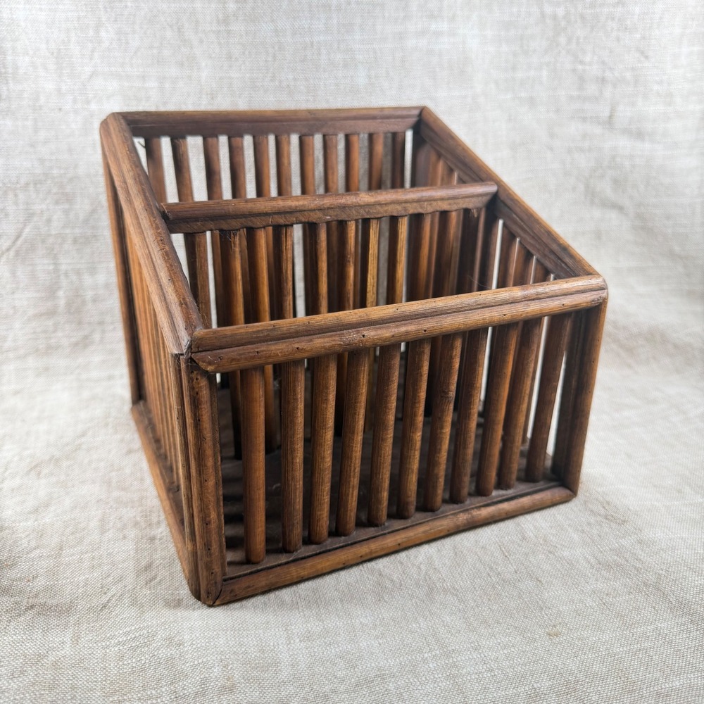 Vintage Wood Slat Organizer Mail Holder Desk Storage Caddy Rustic